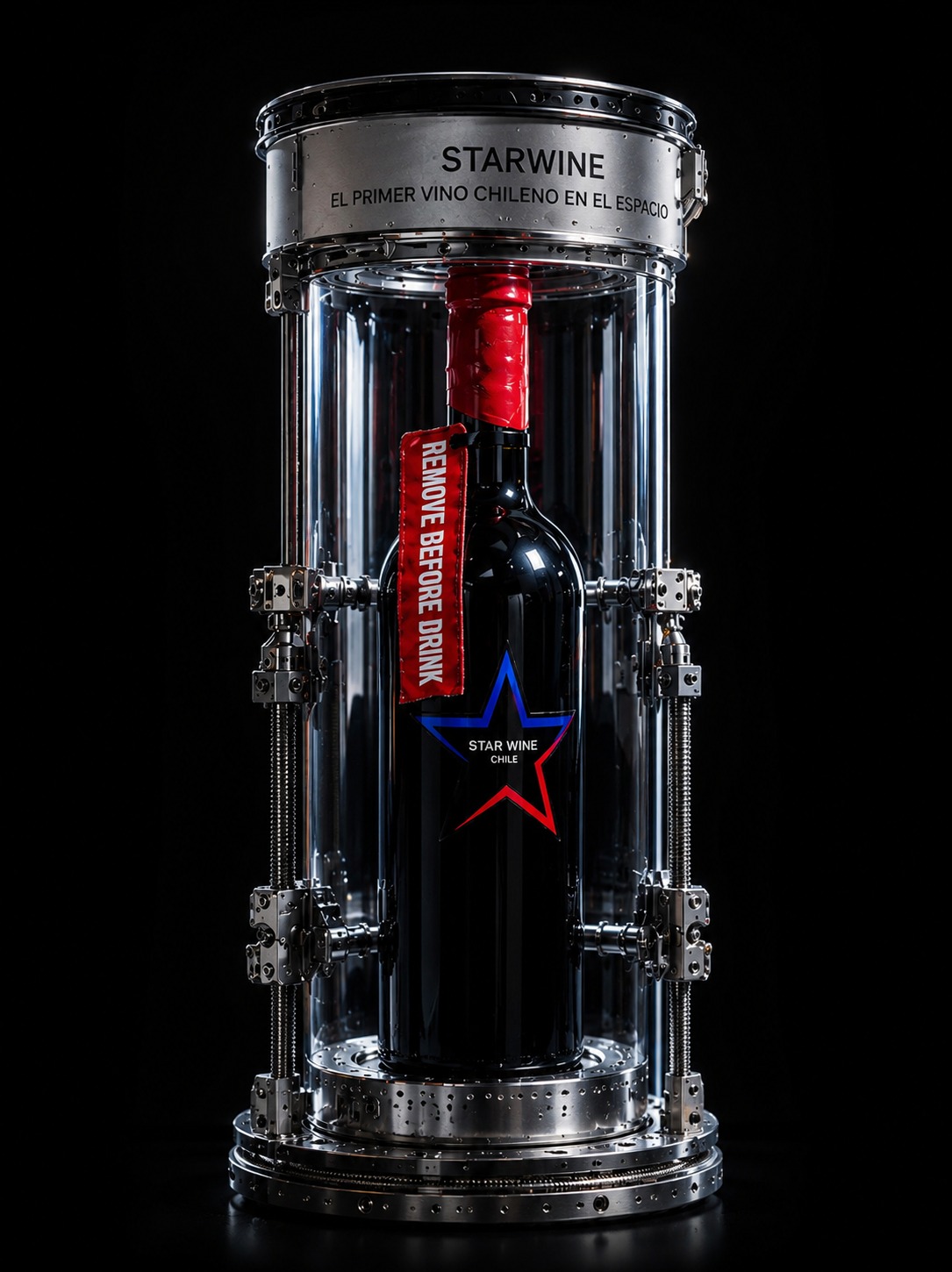 Botella Star Wine Carménère dentro de la cápsula de borosilicato grado aeroespacial